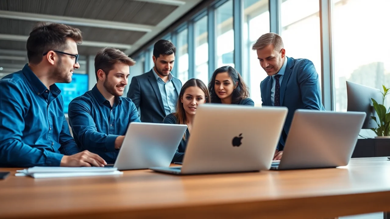 Markham IT Services team collaborating in a bright, modern office setting with technology.