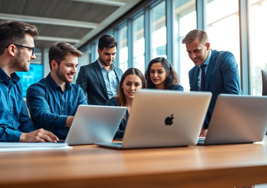 Markham IT Services team collaborating in a bright, modern office setting with technology.