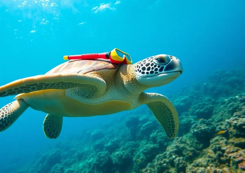 Swimmer using a turtle snorkel while diving near a vibrant coral reef.