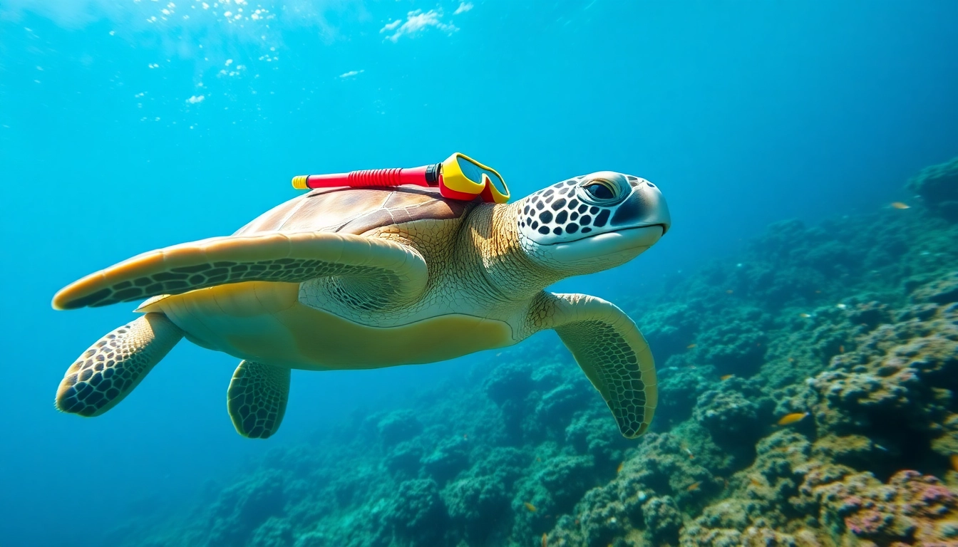 Swimmer using a turtle snorkel while diving near a vibrant coral reef.