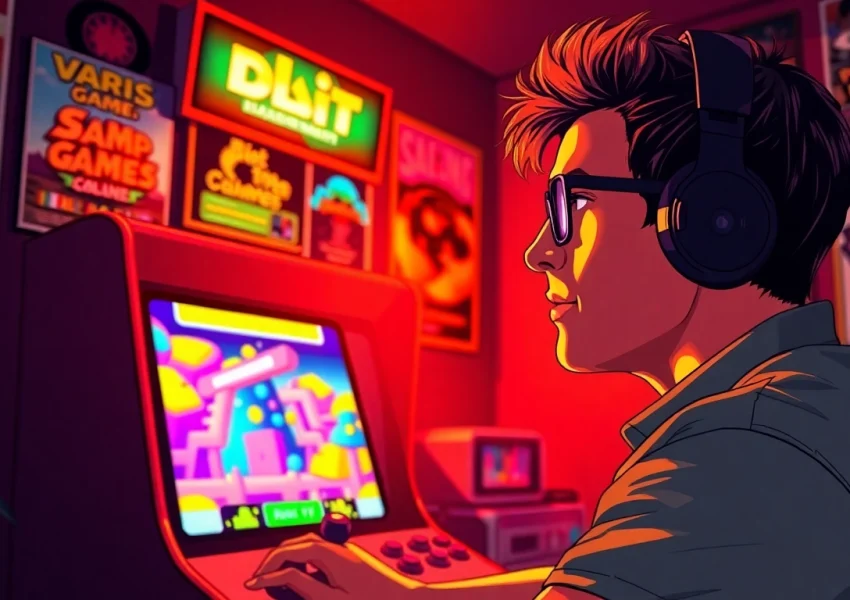 Experience the thrill of dos games online with a gamer focused on a vintage arcade machine.