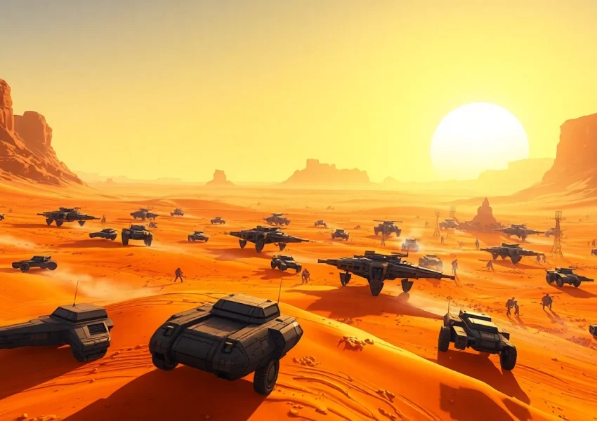 Action-packed Dune 2 download scene featuring futuristic battle units in a desert landscape.