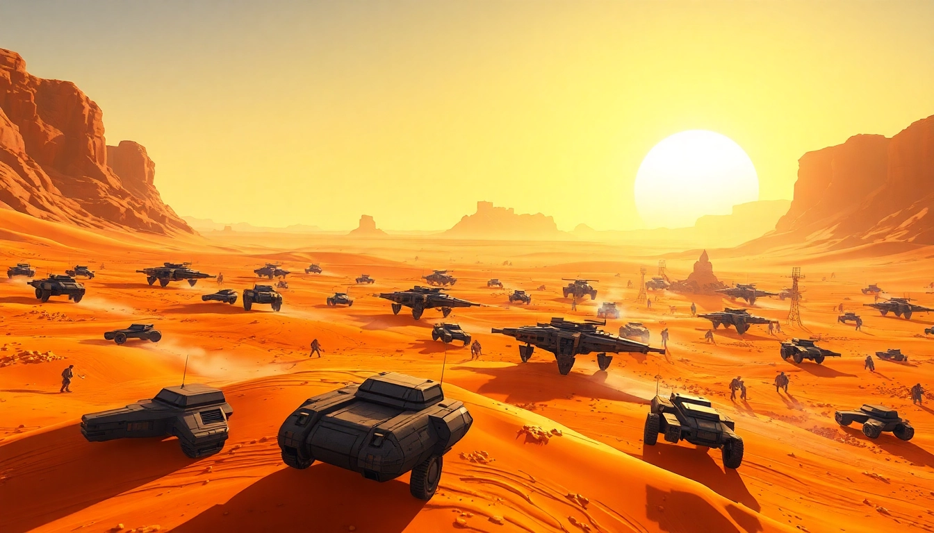 Action-packed Dune 2 download scene featuring futuristic battle units in a desert landscape.