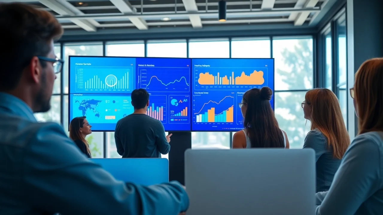 Engaged team utilizing hostmix.ai for advanced data visualization in a modern office.
