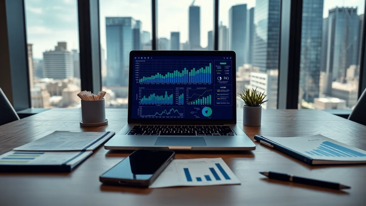 Analyze competitive intelligence in a professional setting with a laptop and data visuals.