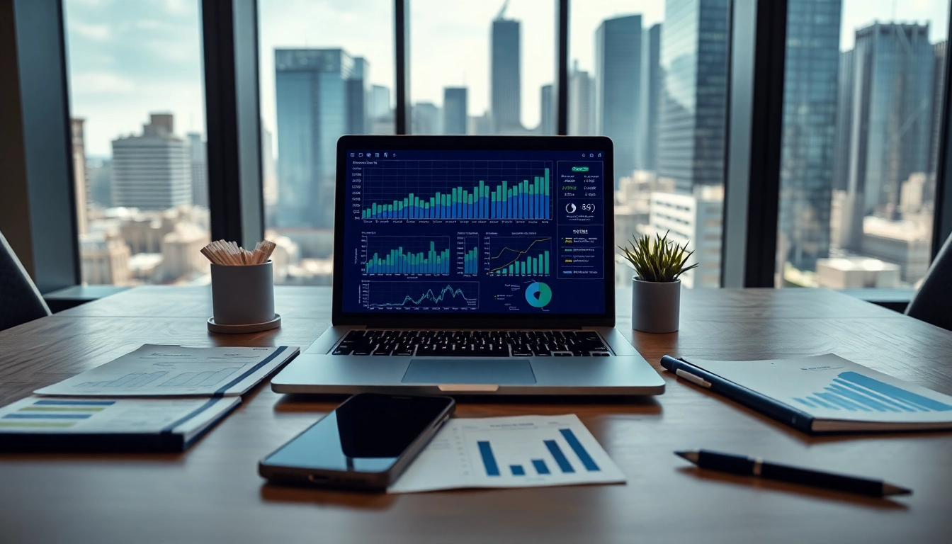 Analyze competitive intelligence in a professional setting with a laptop and data visuals.
