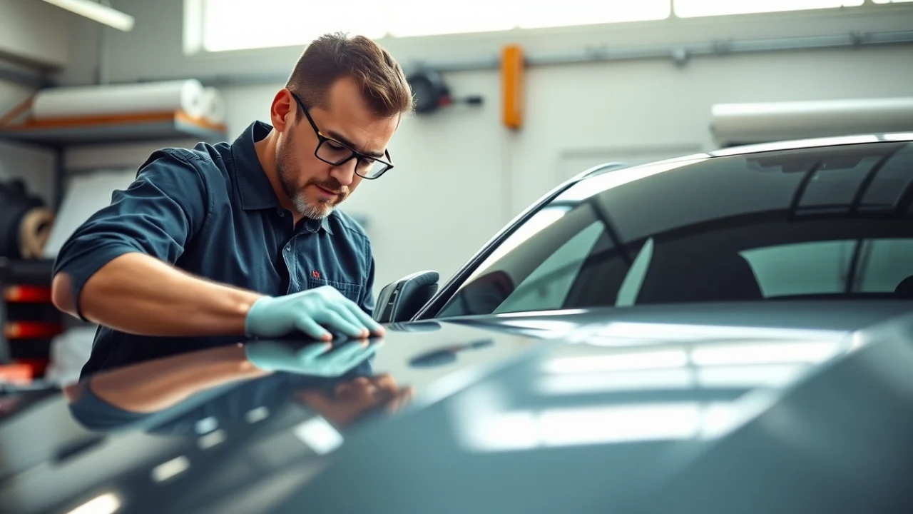 Apply Paint protection film Southampton expertly to protect a car's finish in a professional setting.