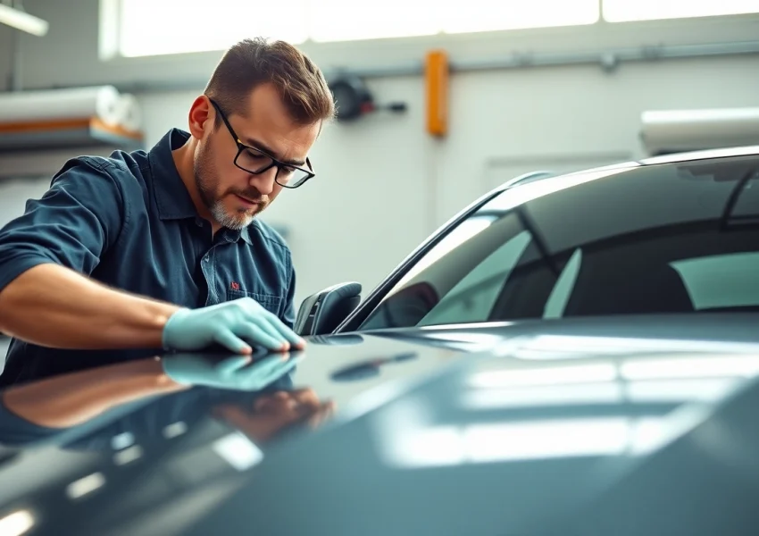 Apply Paint protection film Southampton expertly to protect a car's finish in a professional setting.