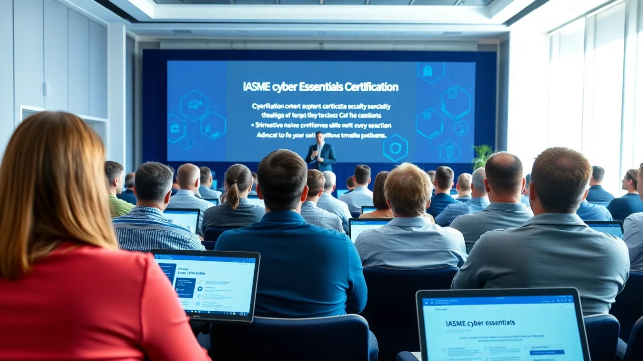 Illustration of IASME cyber essentials certification at a cybersecurity conference with an engaging speaker.