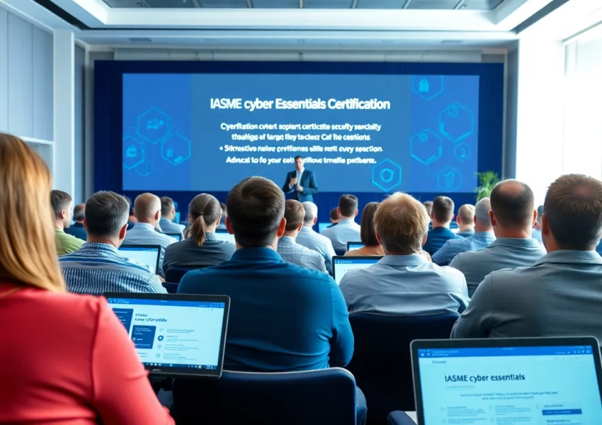 Illustration of IASME cyber essentials certification at a cybersecurity conference with an engaging speaker.
