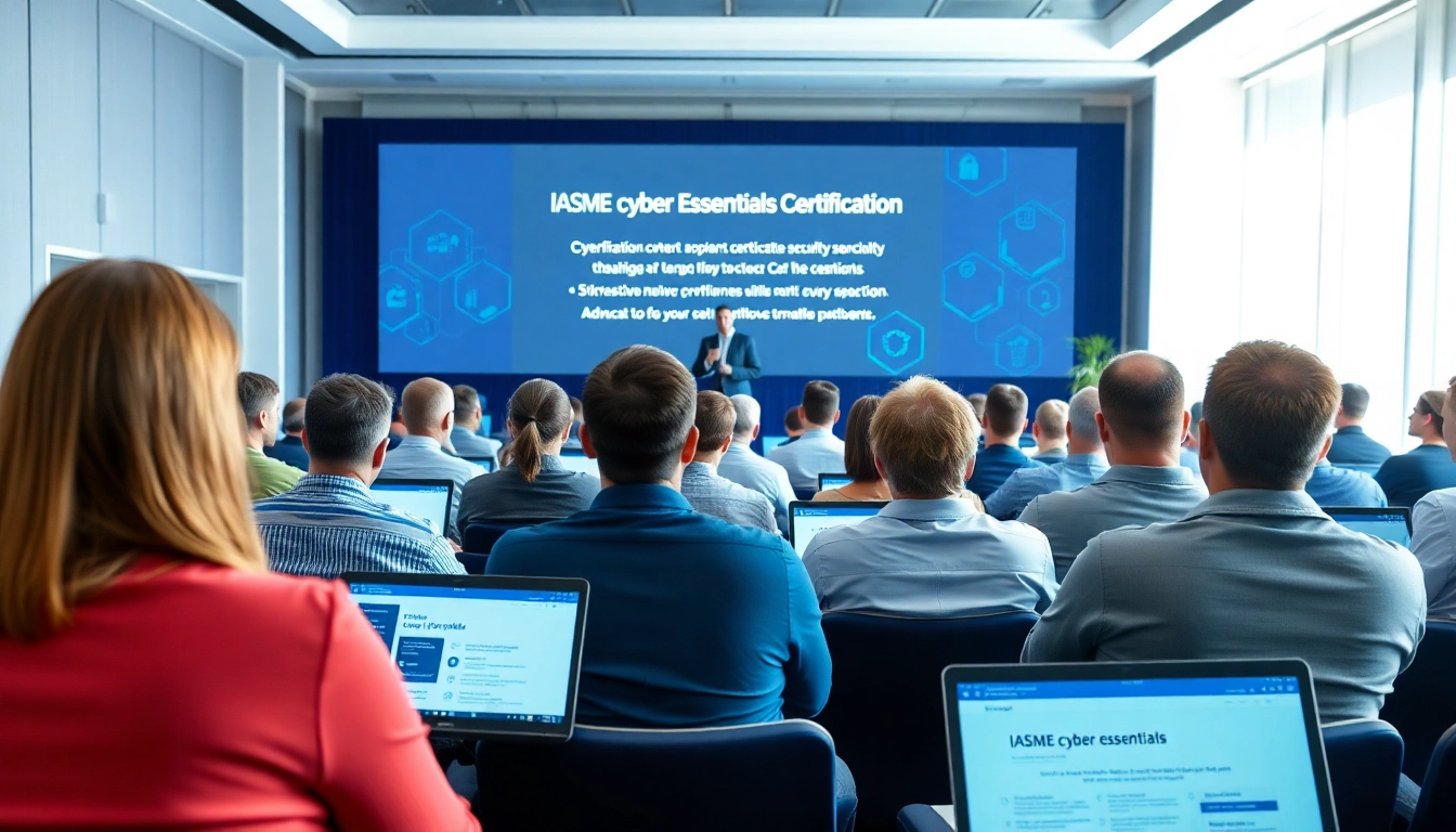 Illustration of IASME cyber essentials certification at a cybersecurity conference with an engaging speaker.