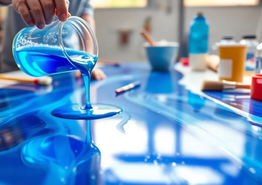 Laminating resin being applied on fiberglass in a professional setting, illustrating detailed craftsmanship.