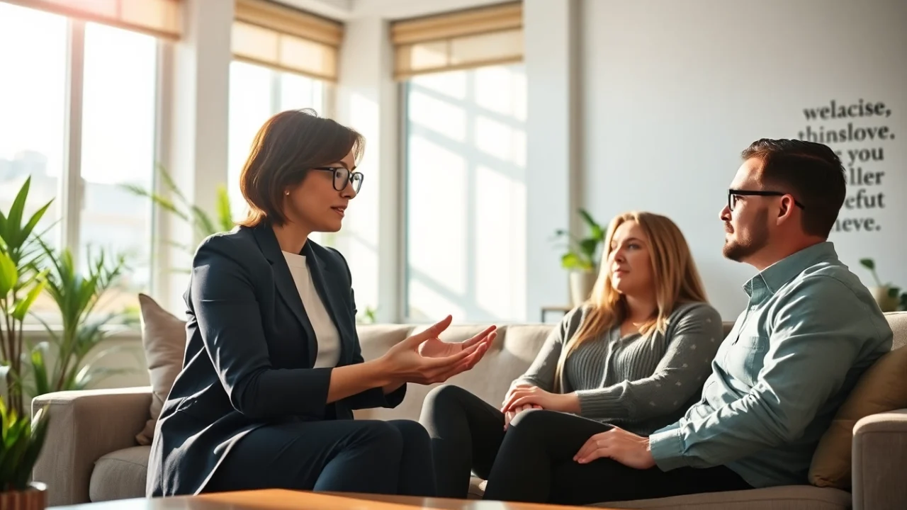 Relationship coach guiding a couple in a bright, inviting office environment.