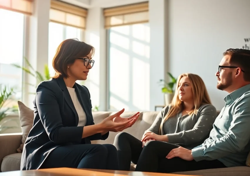 Relationship coach guiding a couple in a bright, inviting office environment.