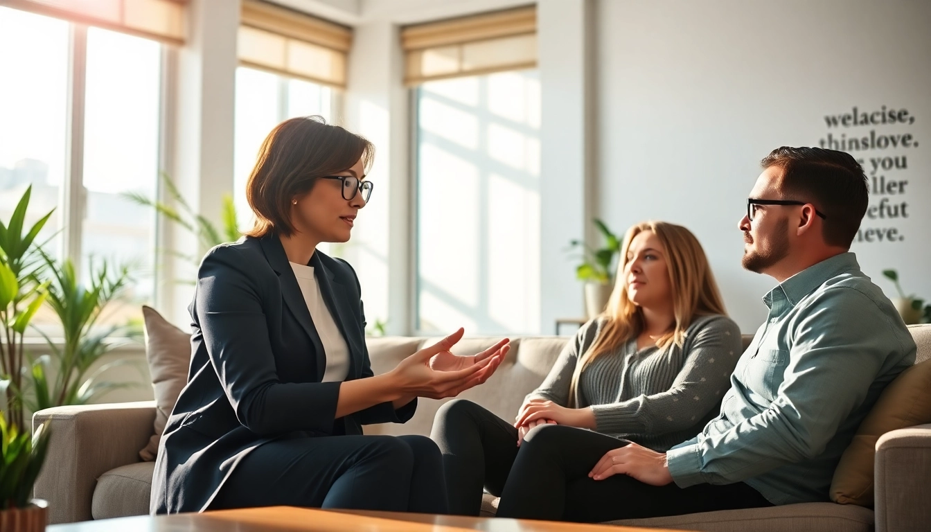 Relationship coach guiding a couple in a bright, inviting office environment.
