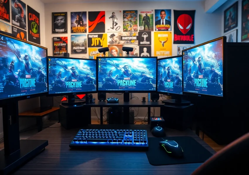 Enhance your gaming skills with dma cheats and a professional gaming setup featuring multiple monitors.