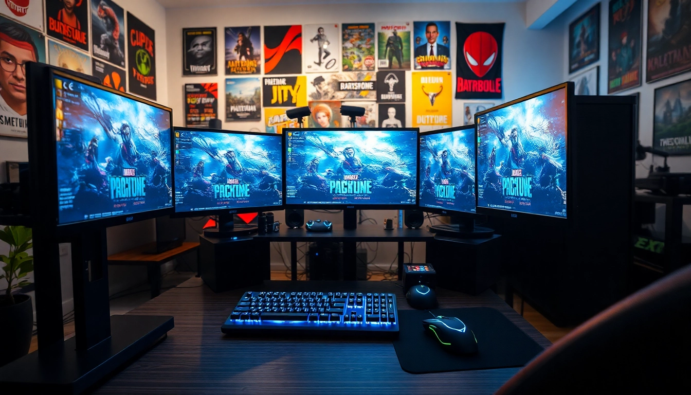 Enhance your gaming skills with dma cheats and a professional gaming setup featuring multiple monitors.