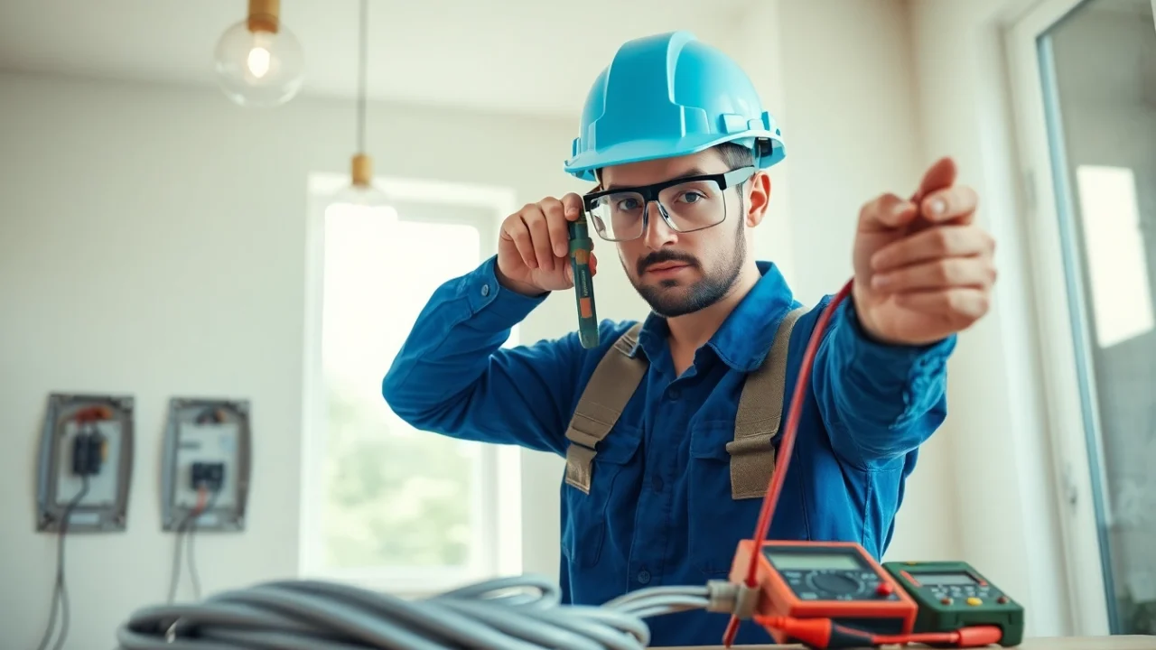 Electrician installing wiring in a residential setting with tools and safety gear.