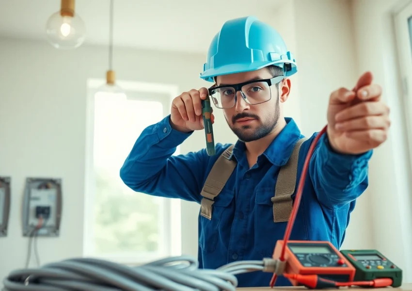 Electrician installing wiring in a residential setting with tools and safety gear.