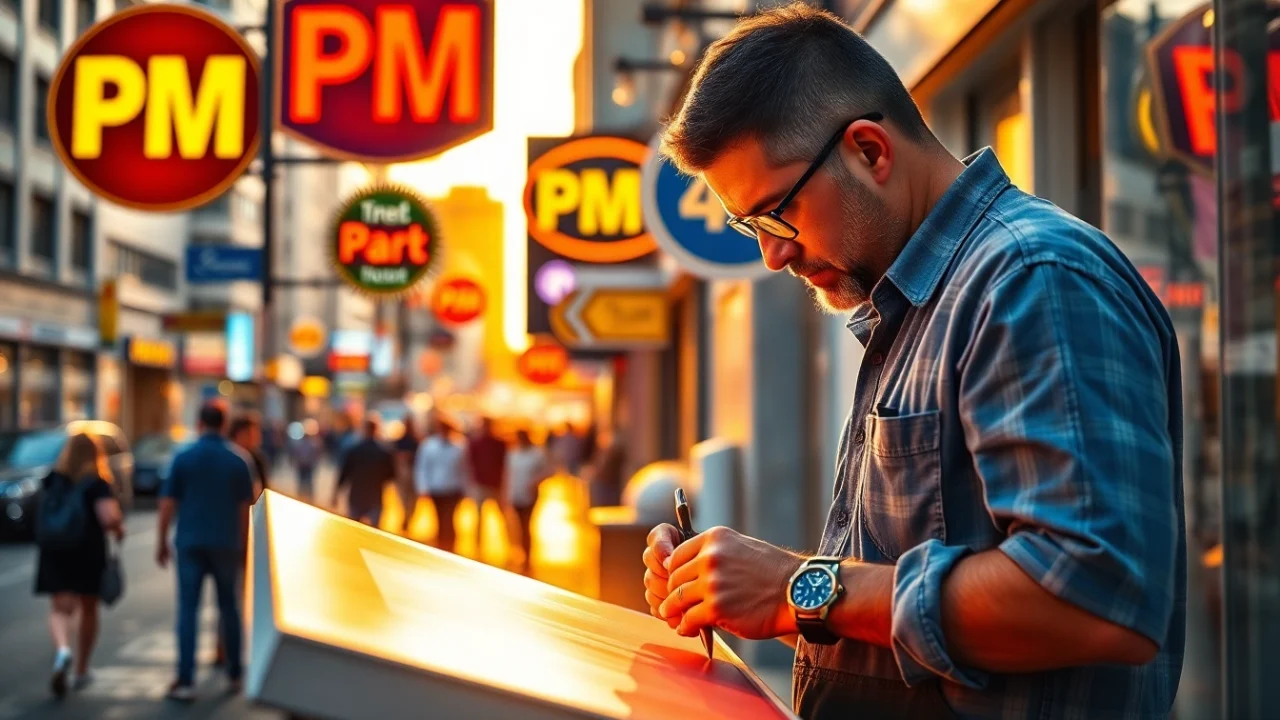 Create custom pm signs while showcasing an artisan in a busy urban landscape.