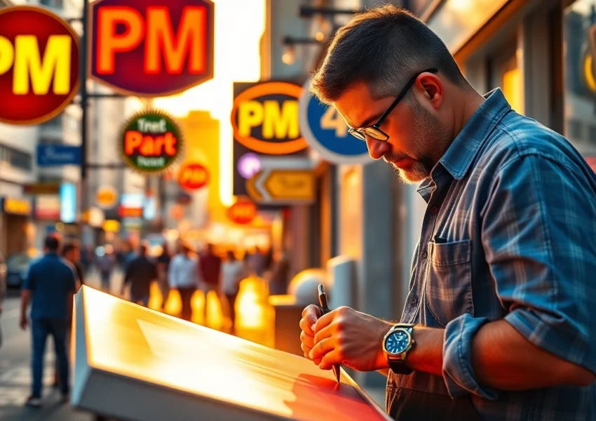 Create custom pm signs while showcasing an artisan in a busy urban landscape.