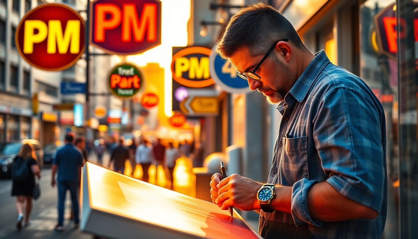 Create custom pm signs while showcasing an artisan in a busy urban landscape.