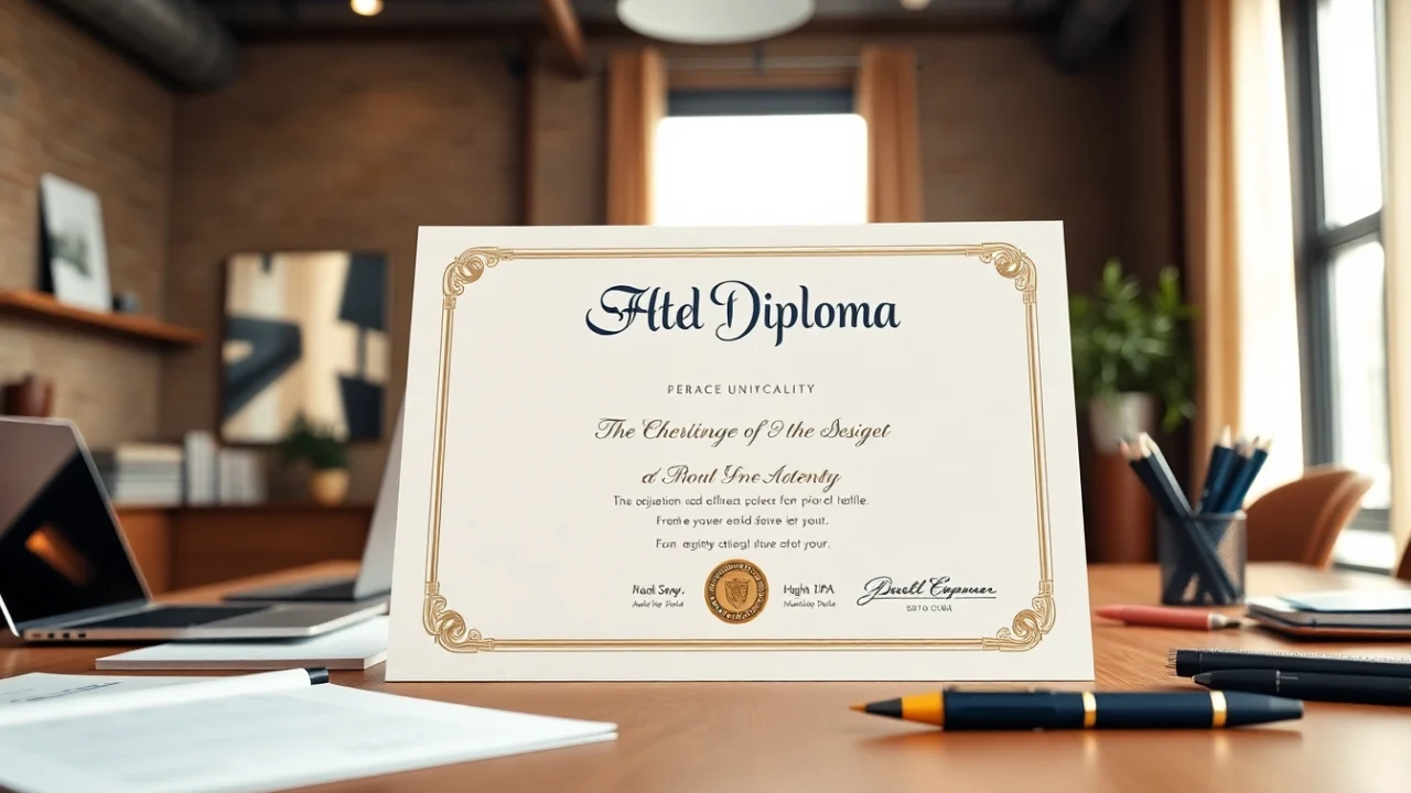 Buy a fake diploma showcased on a stylish office desk with elegant detailing.