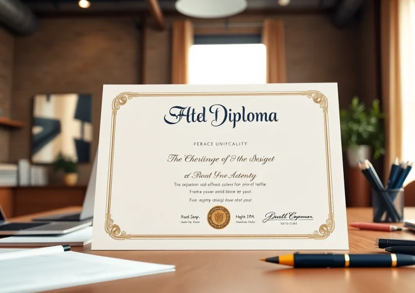Buy a fake diploma showcased on a stylish office desk with elegant detailing.