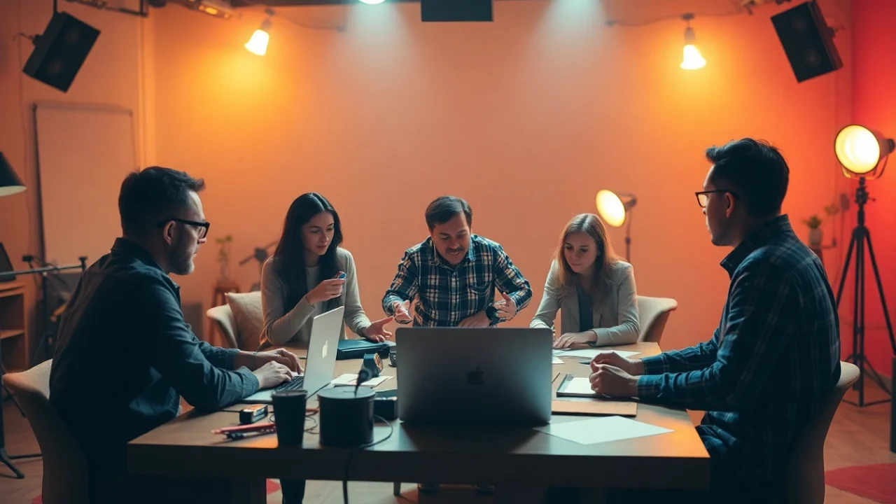 Creative team brainstorming at a video production studio, highlighting 영상업체 collaboration and innovation.