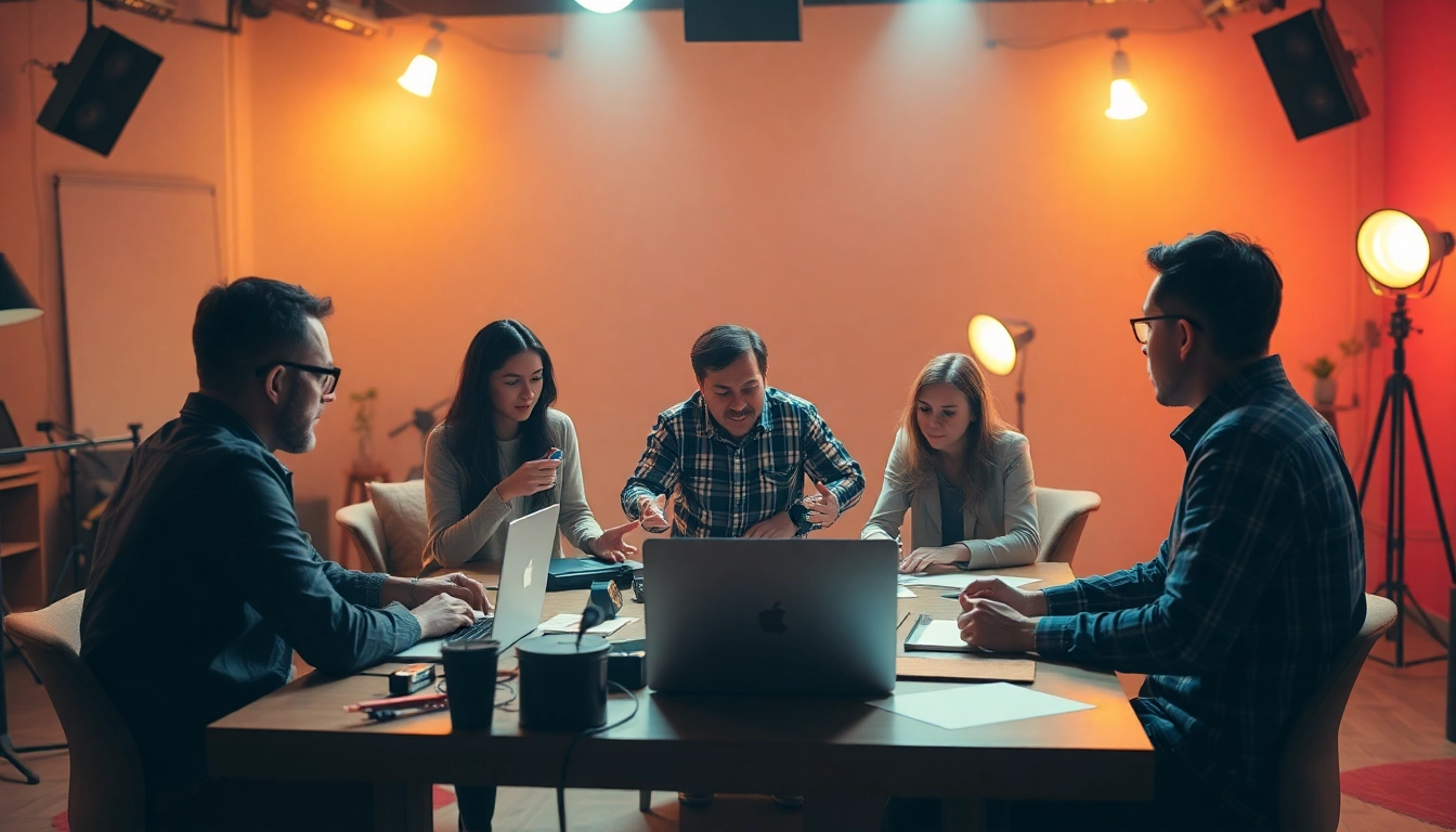 Creative team brainstorming at a video production studio, highlighting 영상업체 collaboration and innovation.
