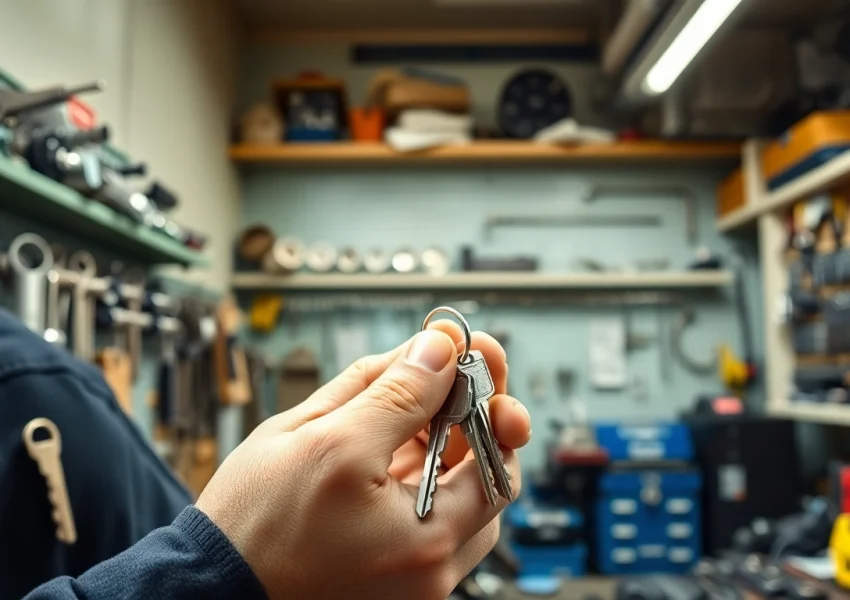 Crafting van keys in a professional locksmith workshop with tools and equipment.
