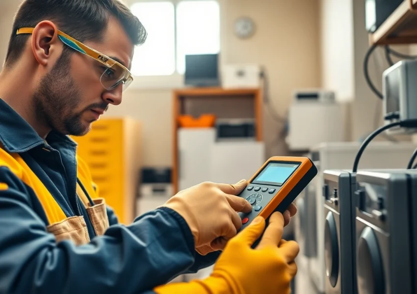 Performing PAT Testing on electrical appliances by a professional electrician in a safety-focused workshop.