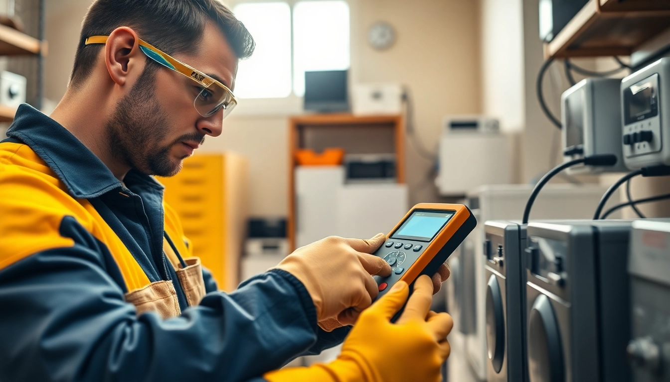 Performing PAT Testing on electrical appliances by a professional electrician in a safety-focused workshop.