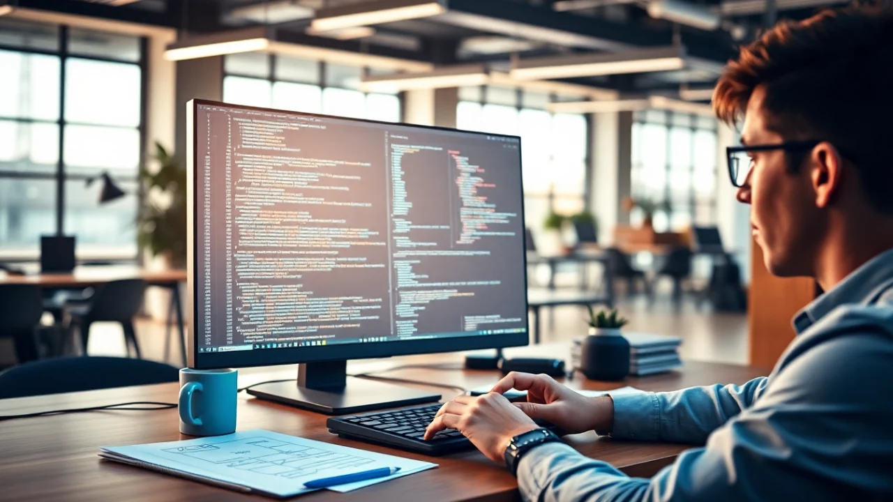 Showcasing web development with a coder at a modern desk, highlighting a productive work environment.