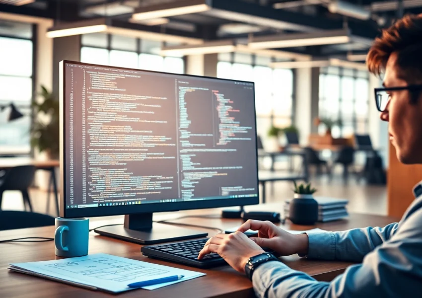 Showcasing web development with a coder at a modern desk, highlighting a productive work environment.