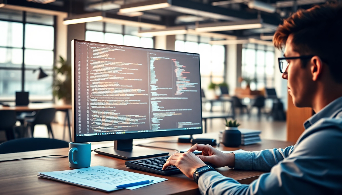 Showcasing web development with a coder at a modern desk, highlighting a productive work environment.