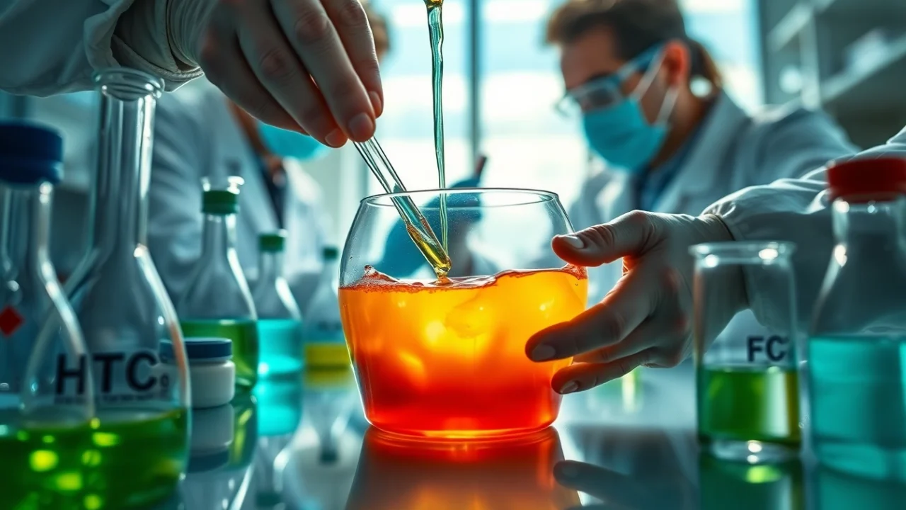 Mixing infusion resins in a lab setting, emphasizing clarity and material quality.