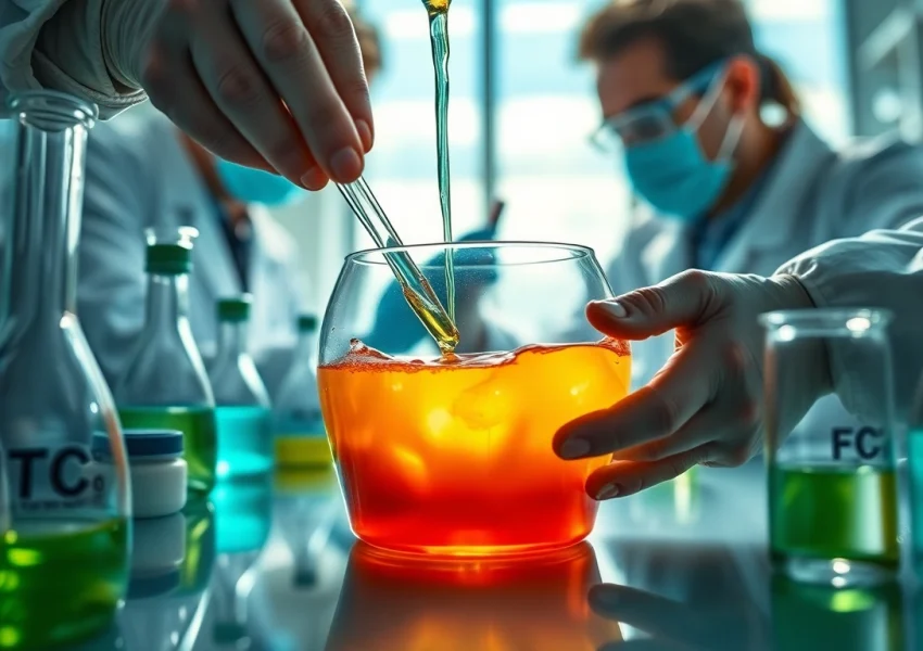 Mixing infusion resins in a lab setting, emphasizing clarity and material quality.