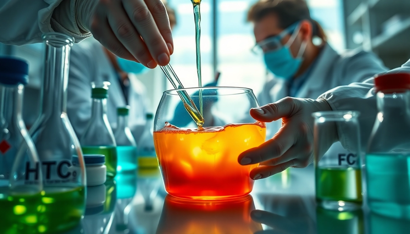 Mixing infusion resins in a lab setting, emphasizing clarity and material quality.