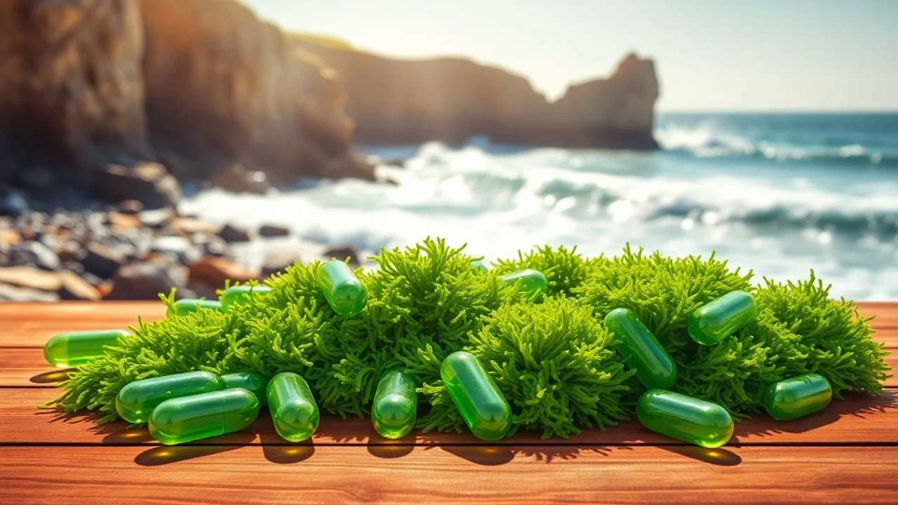 Showcasing Irish sea moss capsules with a scenic ocean backdrop highlighting natural ingredients.