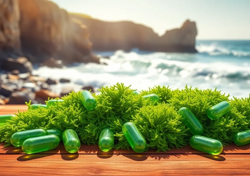 Showcasing Irish sea moss capsules with a scenic ocean backdrop highlighting natural ingredients.