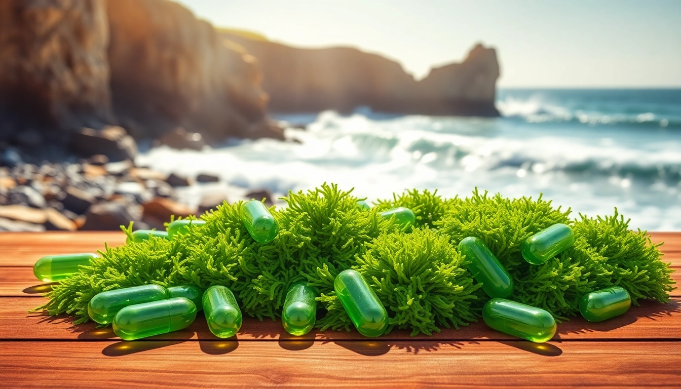 Showcasing Irish sea moss capsules with a scenic ocean backdrop highlighting natural ingredients.