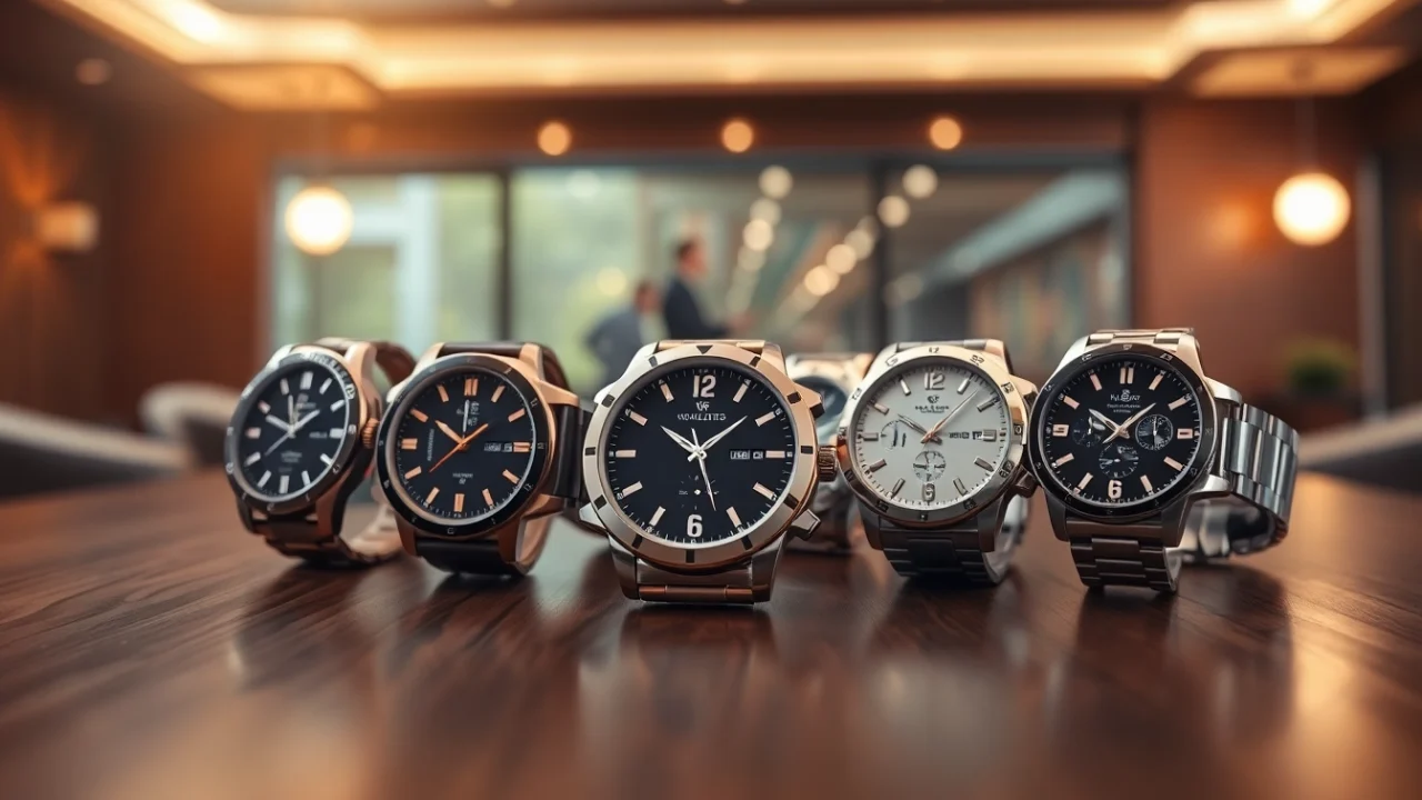 Präsentation stilvoller Herren Armbanduhren auf einem eleganten Tisch.