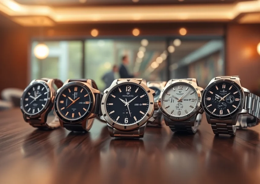 Präsentation stilvoller Herren Armbanduhren auf einem eleganten Tisch.