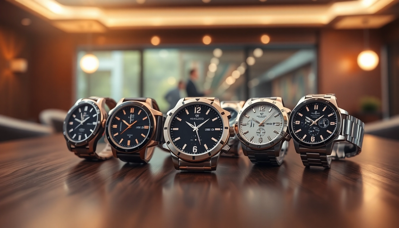 Präsentation stilvoller Herren Armbanduhren auf einem eleganten Tisch.