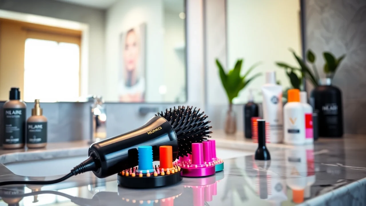 Styling with Hair Dryer Brush 7 in 1 featuring various attachments on a countertop.