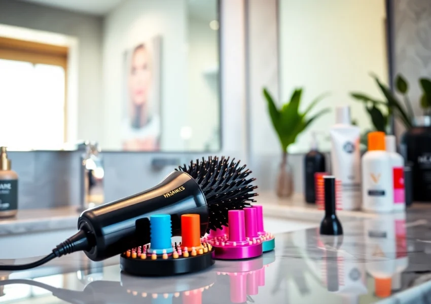 Styling with Hair Dryer Brush 7 in 1 featuring various attachments on a countertop.