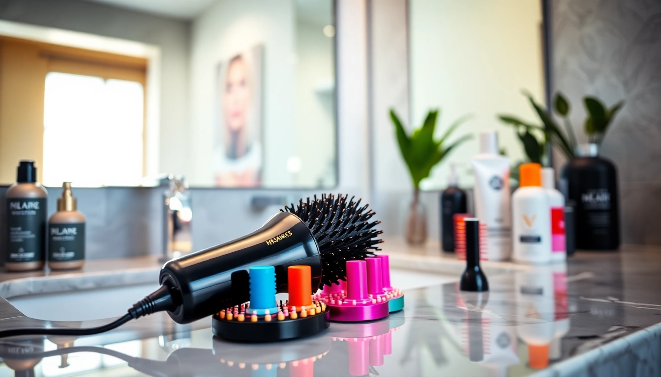 Styling with Hair Dryer Brush 7 in 1 featuring various attachments on a countertop.