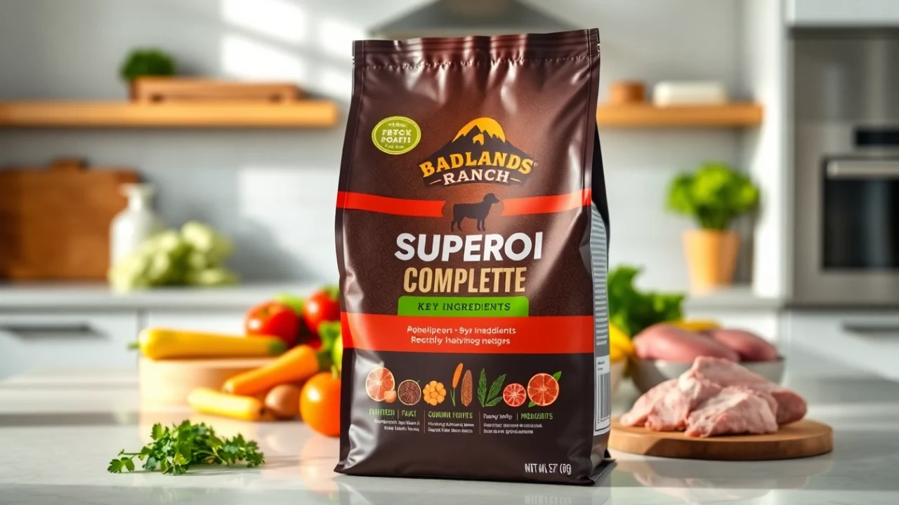 Showcase badlands ranch superfood complete dog food packaging amidst fresh ingredients for wholesome pet nutrition.