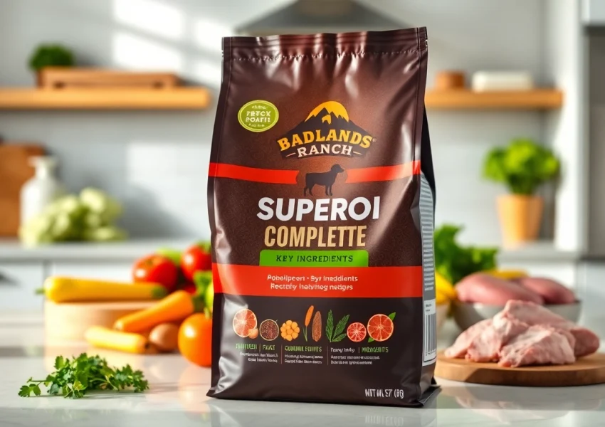 Showcase badlands ranch superfood complete dog food packaging amidst fresh ingredients for wholesome pet nutrition.